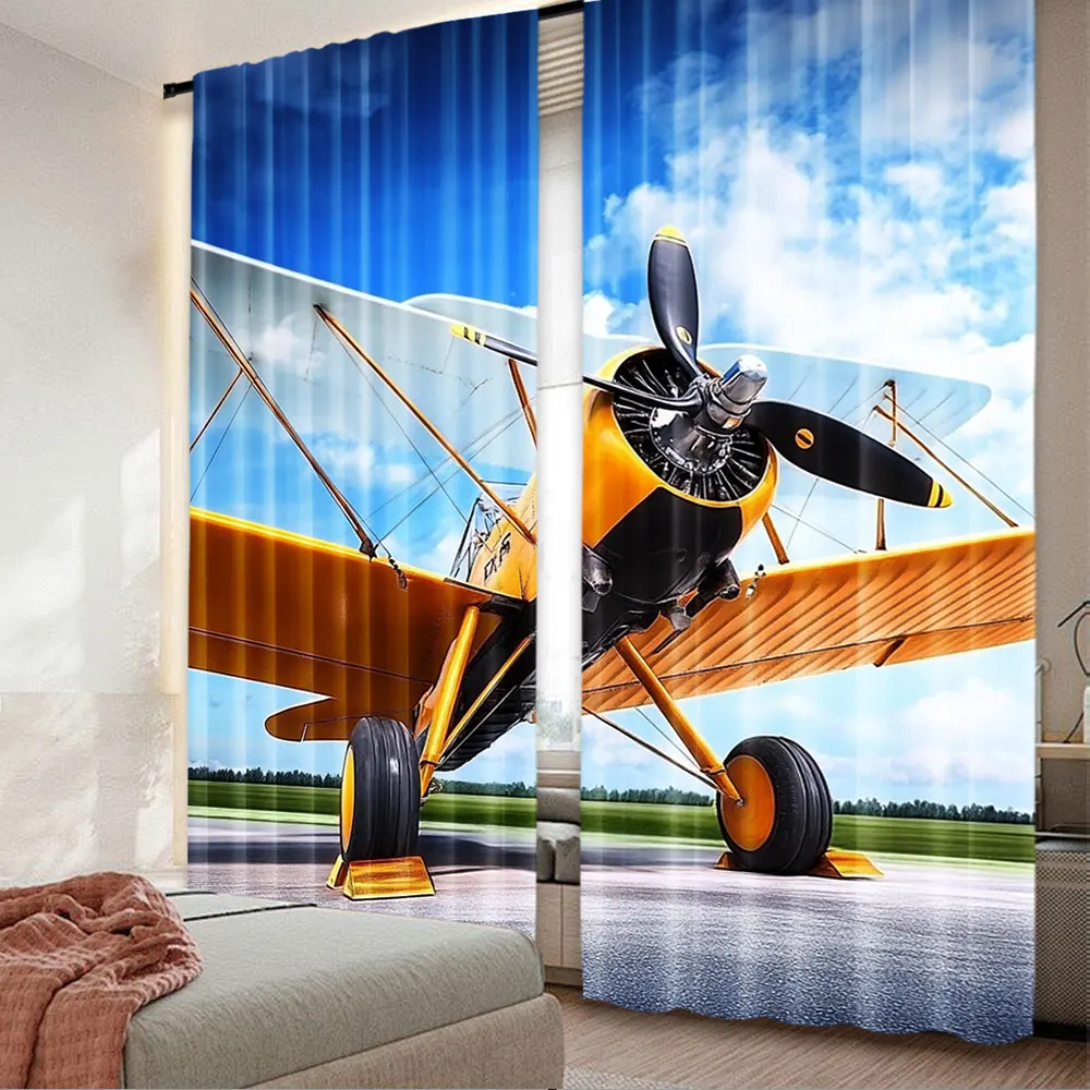 2Pcs Yellow Aircraft Curtain Blue Sky Green Grass Biplane Curtain Suitable For Pilot Party Bedroom Livingroom