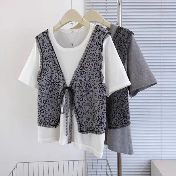 

Модная женская футболка с коротким рукавом, летний жаккардовый вязаный повседневный топ с круглым вырезом