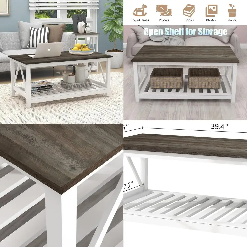 

Modern Rectangular 2-Tier White Oak Coffee Table with Slats Shelf and V-Frame for Living Room