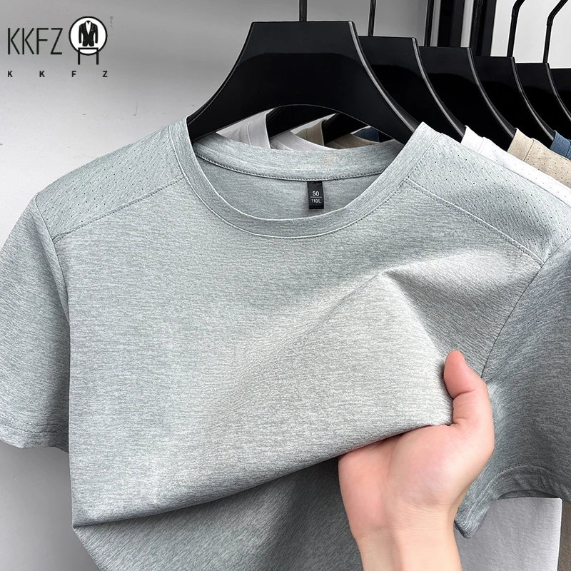 Daily essential mens perforated shoulder round neck tee stretch melange knit sweat proof summer minimalist sport garment