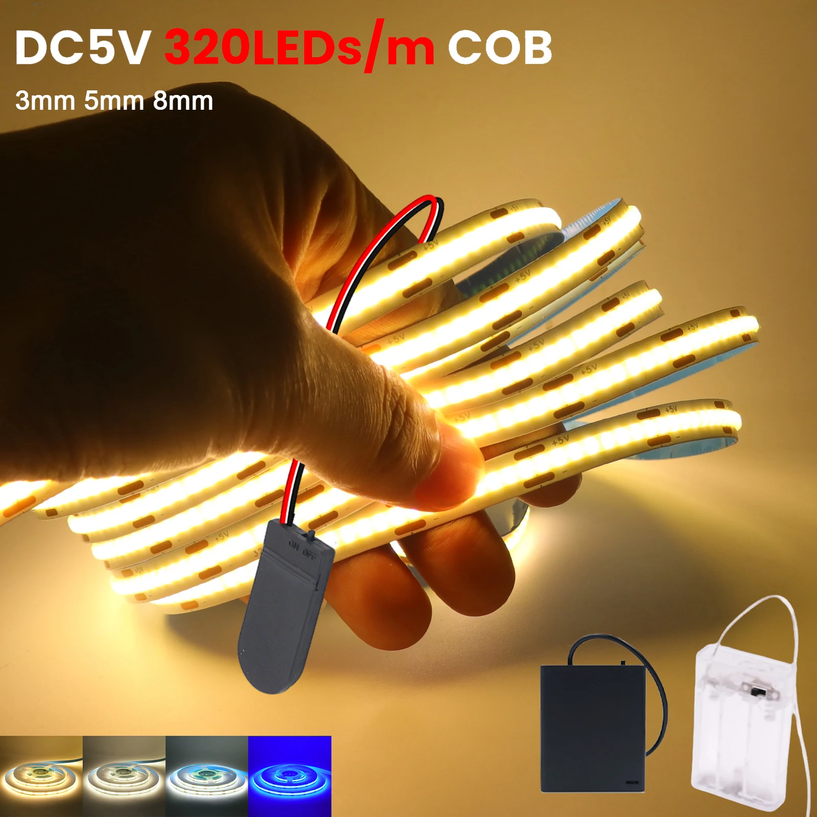3MM 5MM 8MM PCB COB LED Strip 5V USB Light Switch 3AA 4AA Battery Power Adhesive Tape 320LEDs Warm Natural White Blue Flex Lamp