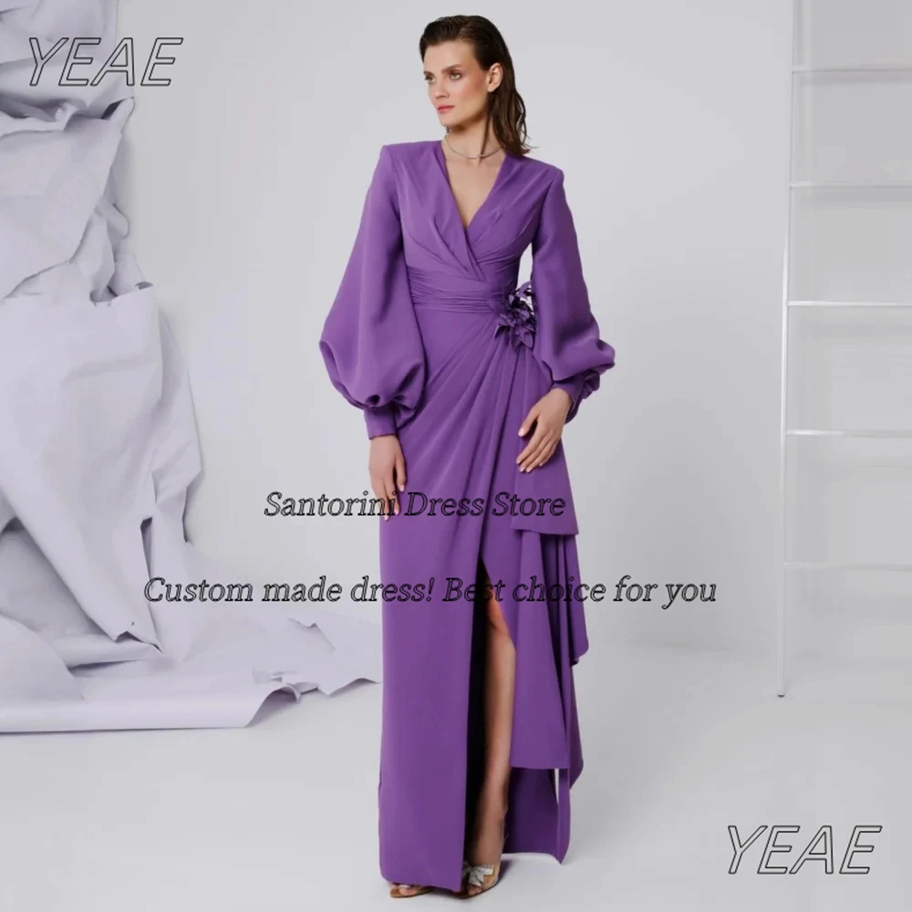 

Санторини на заказ Пром платья с V-образным вырезом и длинными рукавами Вечерние платья Цветы Пояс с рюшами и боковым разрезом Vestidos Des Noches по индивидуальному заказу