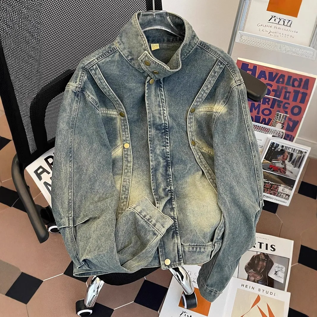

Retro Waed Denim Jaet Men's Spring New Sle Loose Fit Stand Collar Hipster Cool Brand Jeans Coat Casual Outerwear