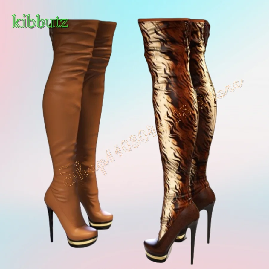 Sexy Skinny Leather Over The Knee Boots,Striped Thick Soled Round Toe High Heeled Boots Stiletto Heel Women Boots 2024 Plus Size