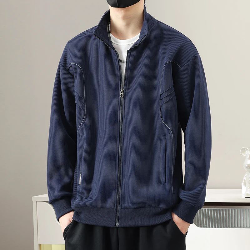 

Мужской фактурный кардиган на флисовой подкладке, свободный, удобный, на молнии, из смесового хлопка, для осени, зимы и весны, модный