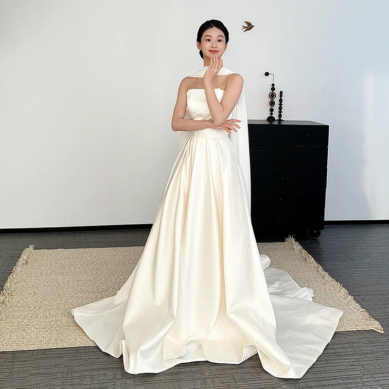 

Bride Simple Strapless Forest Style Main Gown Reception Exit Gown with Train White Formal Dress