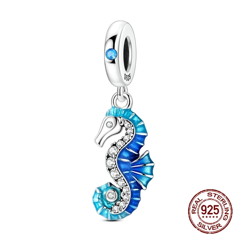 925 Sterling Silver Gradient Blue Enamel Seahorse Dangle Charm Ocean Sea Horse Pendant Fit Bracelet DIY Jewelry Gift for Women