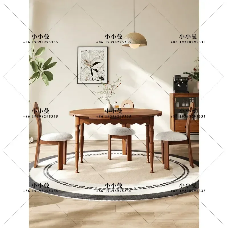 Medieval Style Solid Wood Dining Table and Chair Set Rectangular Extendable Square Round Dual Purpose Table for Small