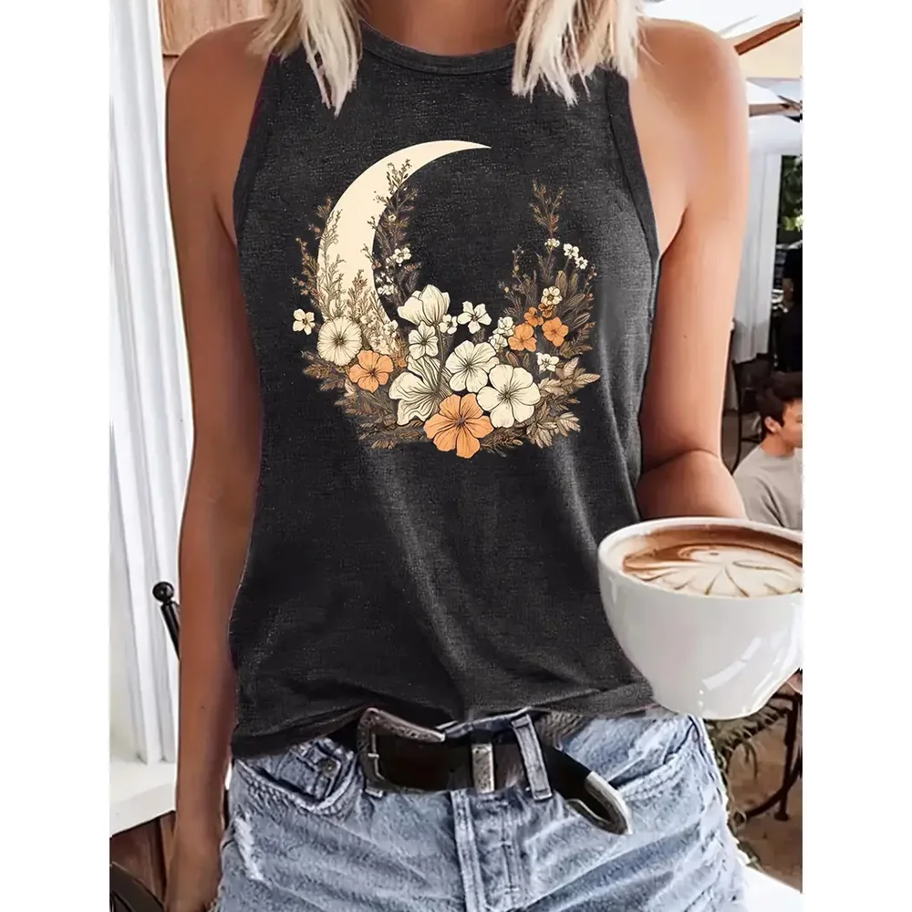 Sexy Woman Tank Tops 2024 Moon Printed Summer Sleeveless T-Shirts Fashion Round Neck Tees Fitness  Commuting Clothes Simply Tops