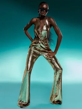 DEIVE TEGER 2024 뉴 여름 여성 골드 스팽글 럭셔리 타이트 점프 슈트 섹시한 딥 브이넥 오프 백 팬츠 우아한 파티 점프 슈트