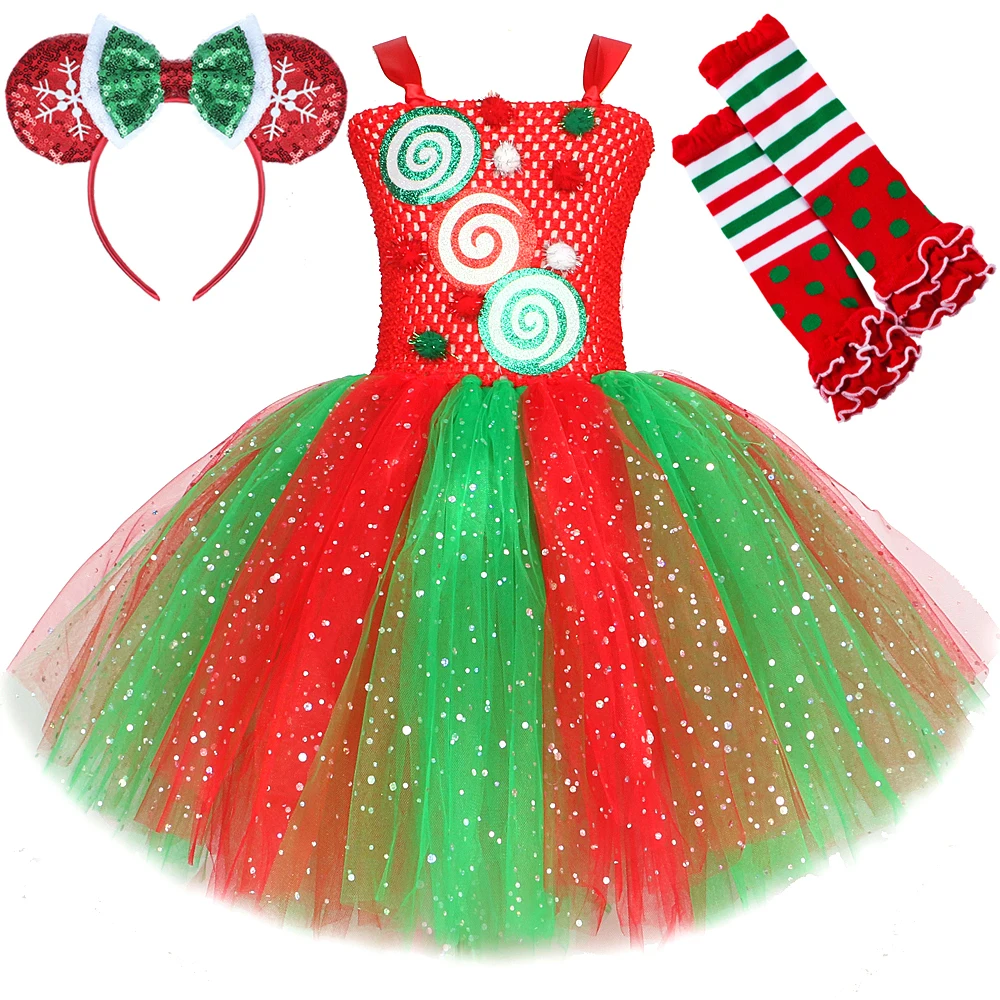 Sparkly Red Green Candy Costumes for Girls Christmas Sequin Tutu Dress with Bow Kids Xmas Party Outfit Twinkle New Year Clothes