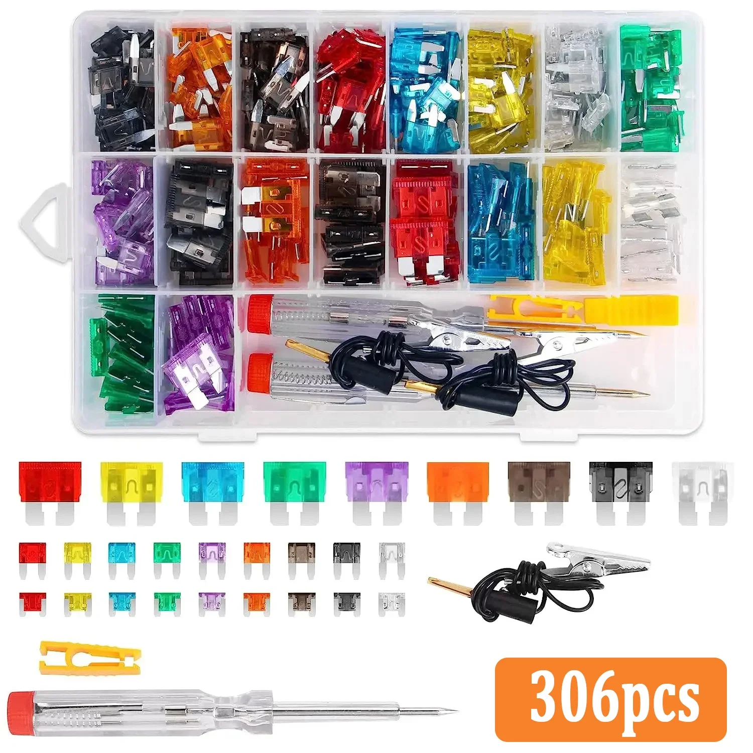 

306pcs Fuse Assortment Kit Car Boat Truck SUV Car Assorted Replacement Blade Fuses with 2 Car Fuse Testers and 2 Fuse Pullers