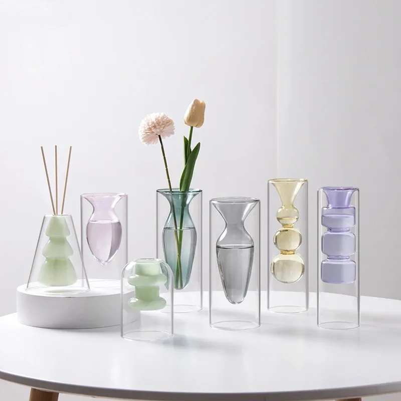 Colorful Double-layer Glass Vase Artistic Aromatherapy Bottle Transparent Hydroponic Dried Flower Vase Restaurant Desktop Decor