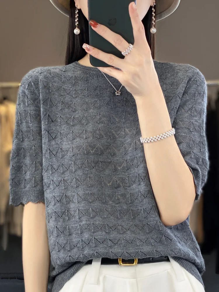 New Summer Knitwear 100% Merino Wool Women Sweater O-Neck W-Shaped Hollow Out Pullover Short Sleeve Casual Tops Simple Style