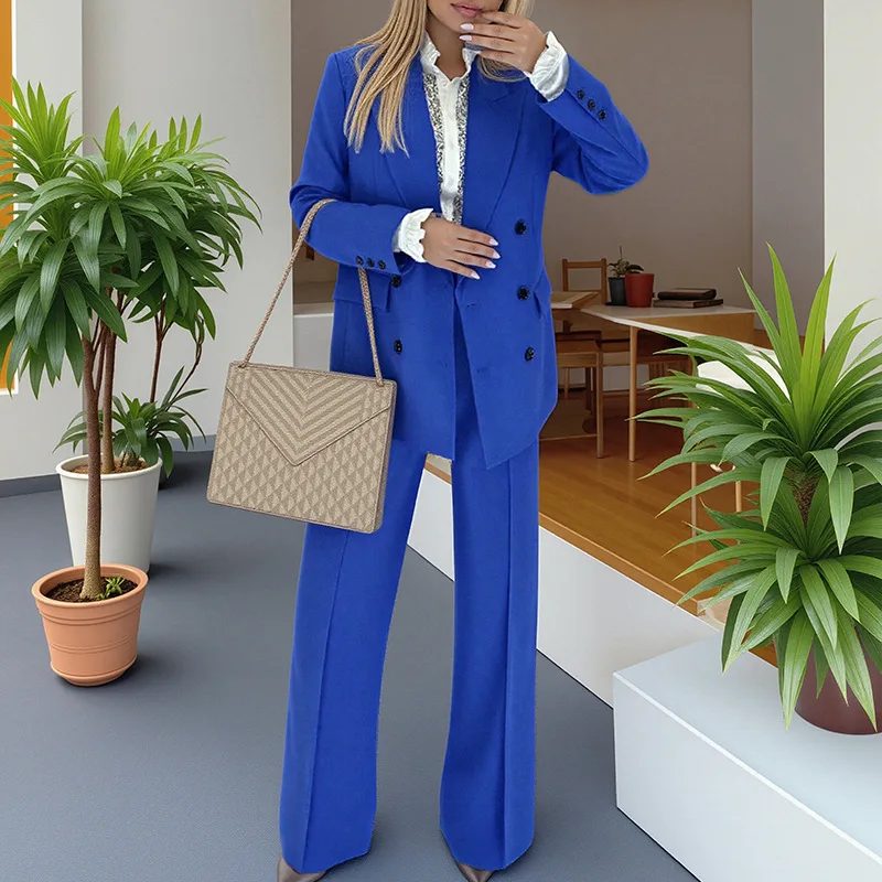 

Женский костюм-двойка 2026: однотонный комплект с пиджаком на пуговицах и отложным воротником, брюки в пол, свободный крой, в стиле Y2K, осенний