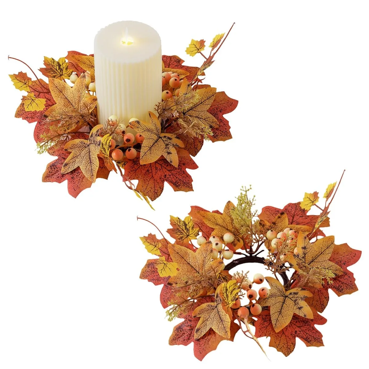 

Artificial Maple Leaves Candle Rings Berry Wreaths Candle Holder for Autumn Thanksgiving Wedding Home Door Tabletop Decoration