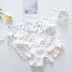새틴 실크 작은 꽃무늬 귀엽고 사랑스러운 여성 속옷 로우 웨이스트 리본 러플 팬티 무봉제 여성 팬티