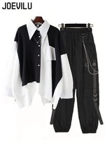 2PCS Women's Streetwear Outfits Loose Long Sleeve Shirt Ribbon Chain Cargo Pants 2 Piece Sets Korean Casual Unisex Couple Suit