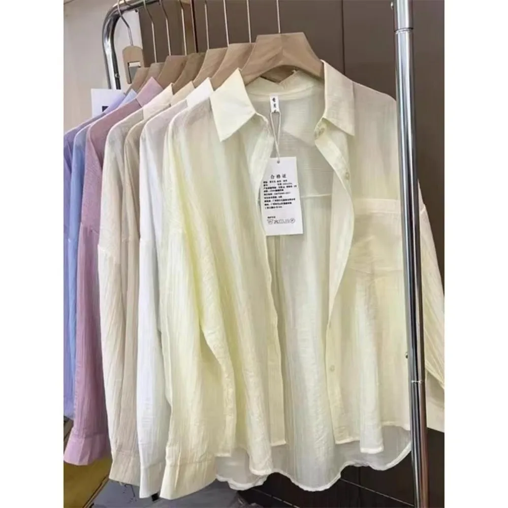 Breathable Loose Fit Sunscreen Shirt Lightweight Long Sleeve Ice Silk Shirt Sheer Chiffon Sun-Protective Sun-Proof Blouse Summer