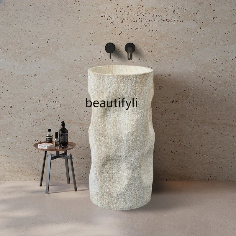 Ji Ji Feng Cave Stone Pedestal Basin Integrated Floor-Standing Wash Basin Balcony Outdoor Art Wash up Sink Vertical Sink