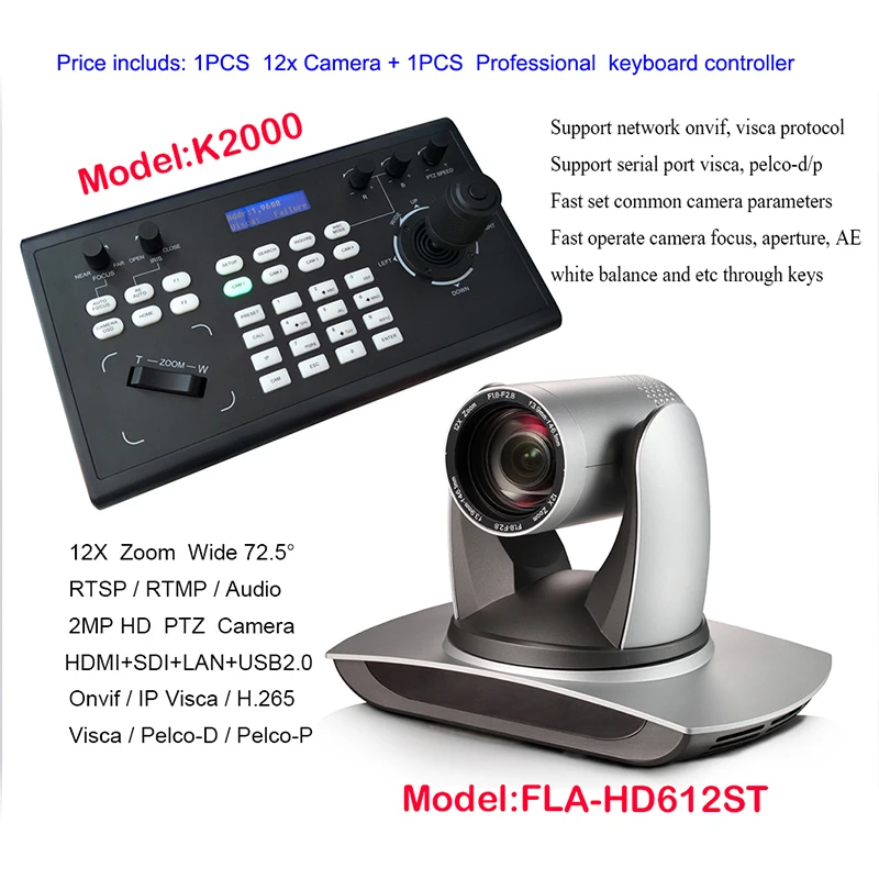 

3G-SDI Broadcast Color Video Conference PAN TILT ZOOM VISCA Camera 12x Live Streaming Web IP + Remote Controller Keyboard