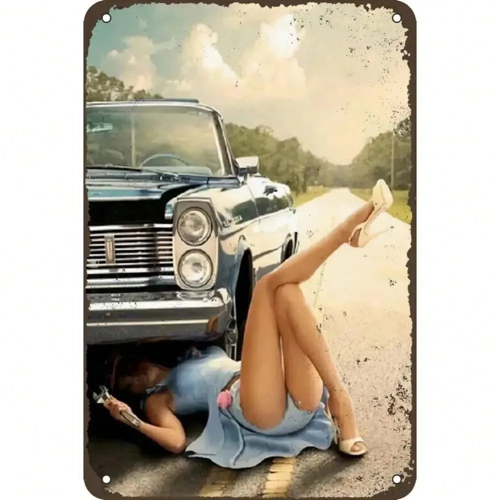 New-Vintage Metal Pin Up Girl Car Tin Sign - Sexy Wall Art Decor for Home Living Room Bedroom Man Cave
