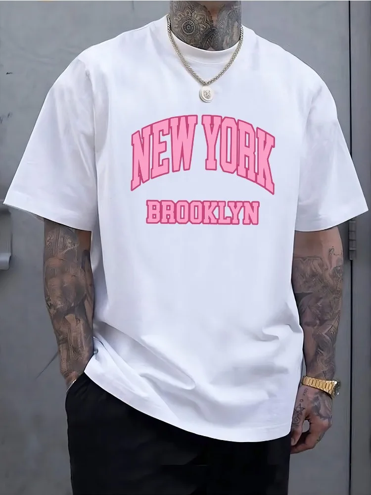 Men Summer Cotton Short Sleeve T Shirt Pink New York Brooklyn Varsity Letter Print Crew Neck Retro City Street Casual Male Tee