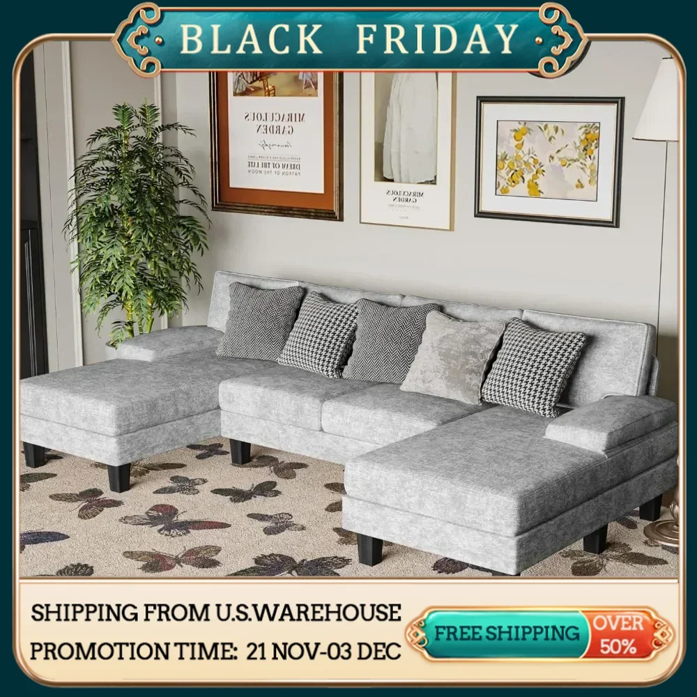 Convertible Sectional Sofa Couch, Modern Chenille Fabric U-Shaped, 4-Seat with Long Chaise for Living Room, Gray Free Shipping