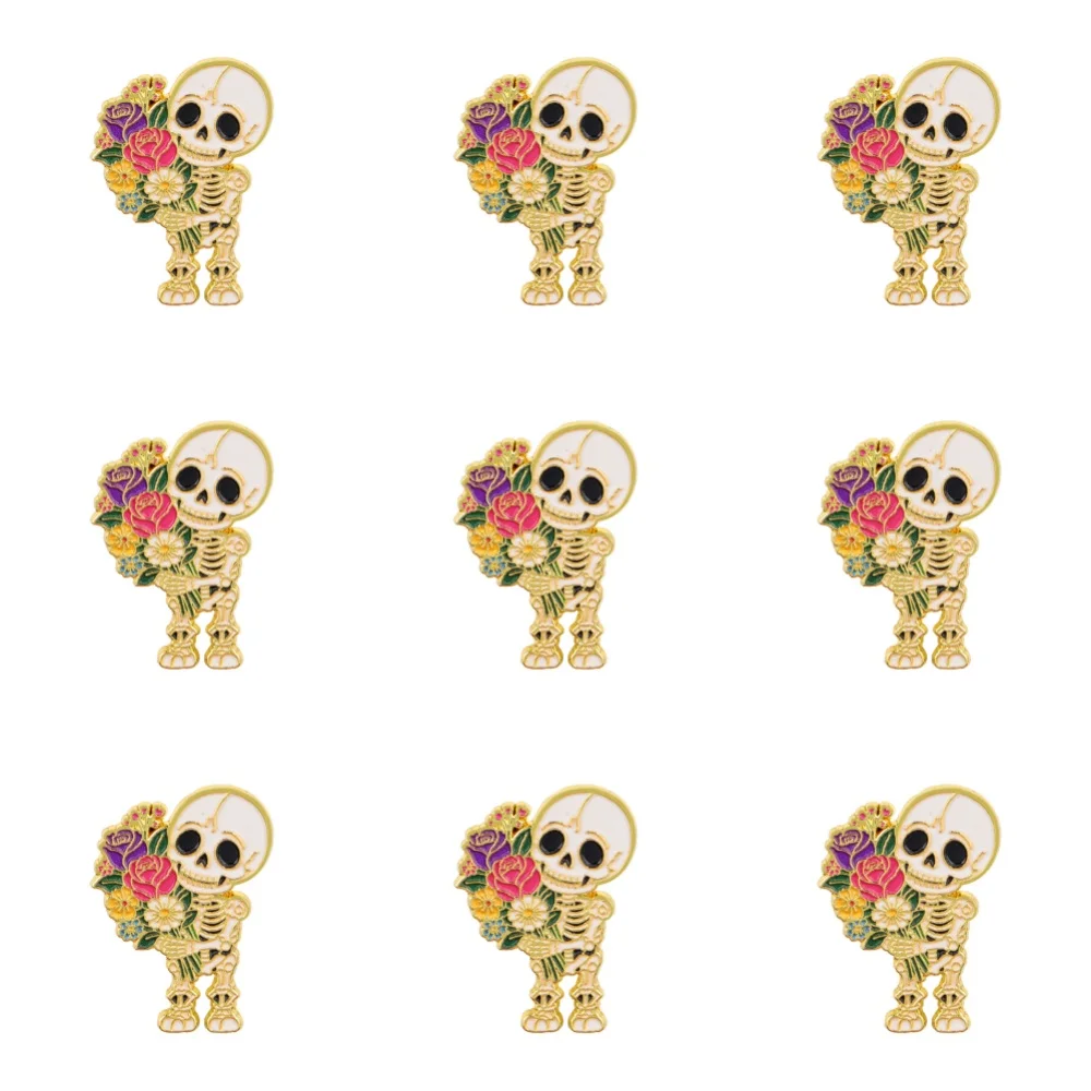 9 Stück Skelett mit Blumenstrauß Emaille-Pins, Totenkopf-Blumen-Metallbroschen, Abzeichen für Rucksack, Kleidung, Dekoration, Accessoires, Geschenk – Detail 1