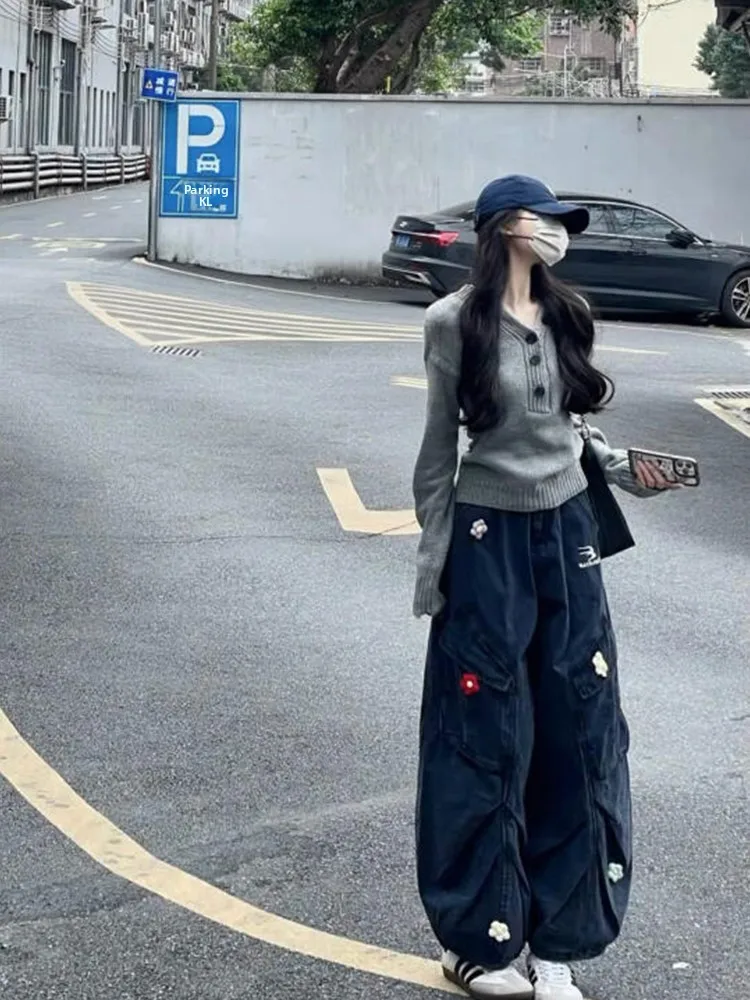 Damskie dżinsy robocze Deep Blue z haftem, na wiosnę i jesień, z szerokimi nogawkami, luźny krój, wysoki stan, wyszczuplające, proste, długie spodnie.