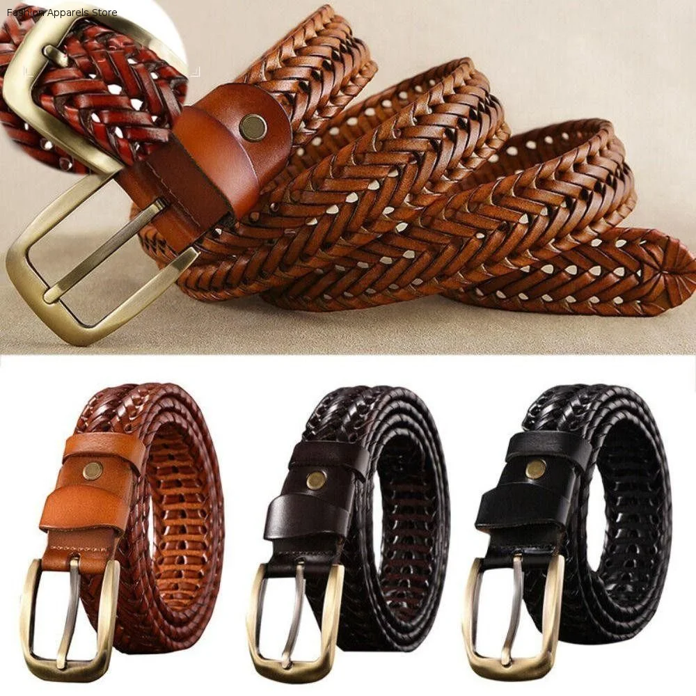 

Adjustable Alloy Men Weave Belt Retro Wide Male Genuine Leather Belt Square Buckle Black Jeans Waistband Ornament