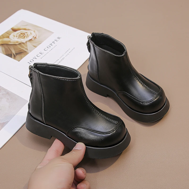 

Школьные кожаные ботинки для девочек, классические черные новые детские модные ботинки, детские повседневные ботильоны с круглым носком и толстой подошвой, однотонные