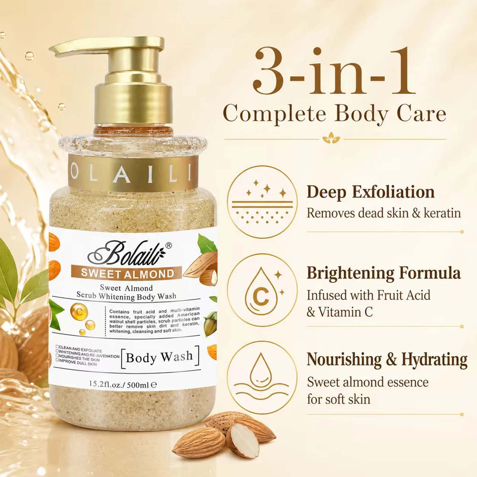 500ml Sweet Almond Body Scrub Shower Gel Exfoliating Moisturizing Body Wash Gentle Dead Skin Remover Nourishing Smoothing Cleanser for All Skin Types Daily Body Care Bath Shower