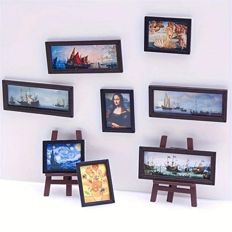 

8pcs/set dollhouse Mini Vintage Oil Painting model playhouse Mini Mural Doll Living Room Bedroom Furniture Wooden Accessory