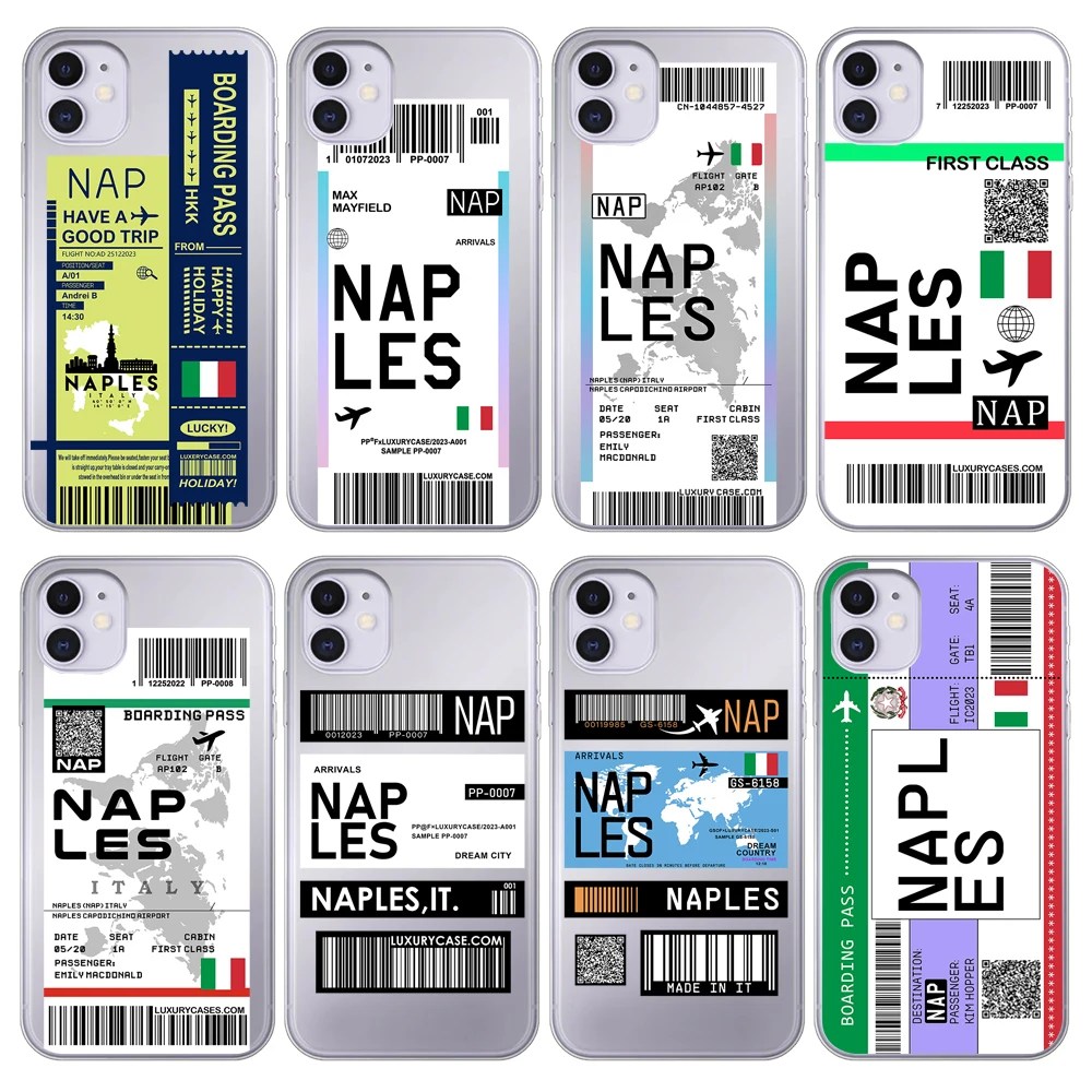 Italy Naples Map Flag Plane Travel Fly Ticket Cover Case for iPhone 15 14 Pro Max 13 12 11 Mini X XS XR 7 8 6S Plus SE