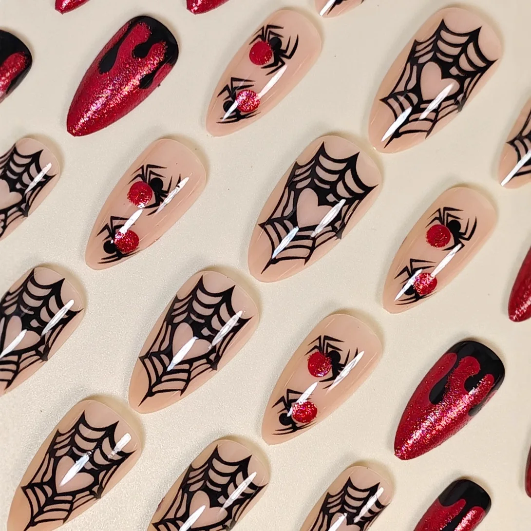 24 pièces brillant rouge strass faux ongles conseils Halloween toile d'araignée impression presse sur ongles portable réutilisable rouge amande faux ongles