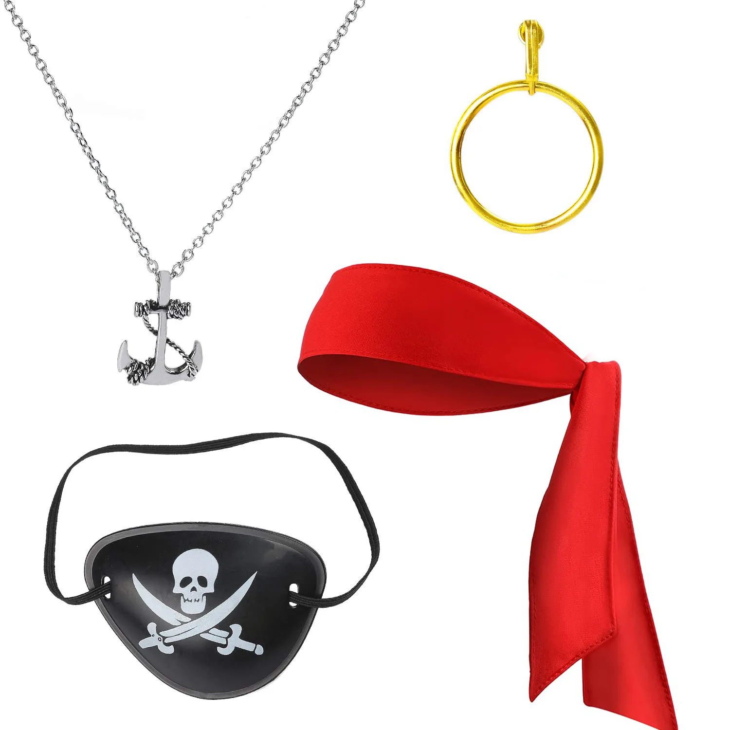 Halloween Costume Party Pirate Pendant Eye Patch Hood Earrings Compass Captain Bracelet Skeleton Props 4pcs Kids Gift