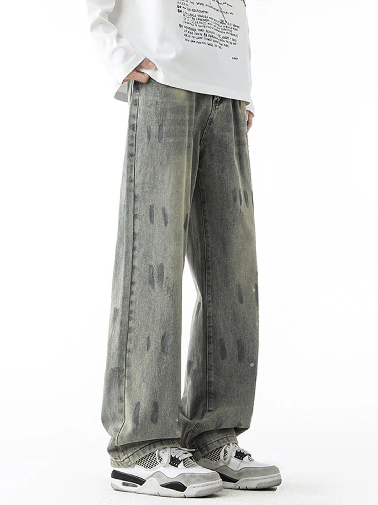 

Американские ретро-джинсы Cleanfit с эффектом брызг краски, мужские свободные прямые брюки, модные длинные брюки для весны и осени в стиле High Street