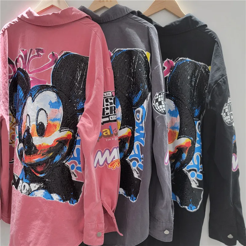 European Fashion Cartoon Print Long Sleeve Shirt for Women Early Autumn New European Style Printed Loose Coat Denim Jacket