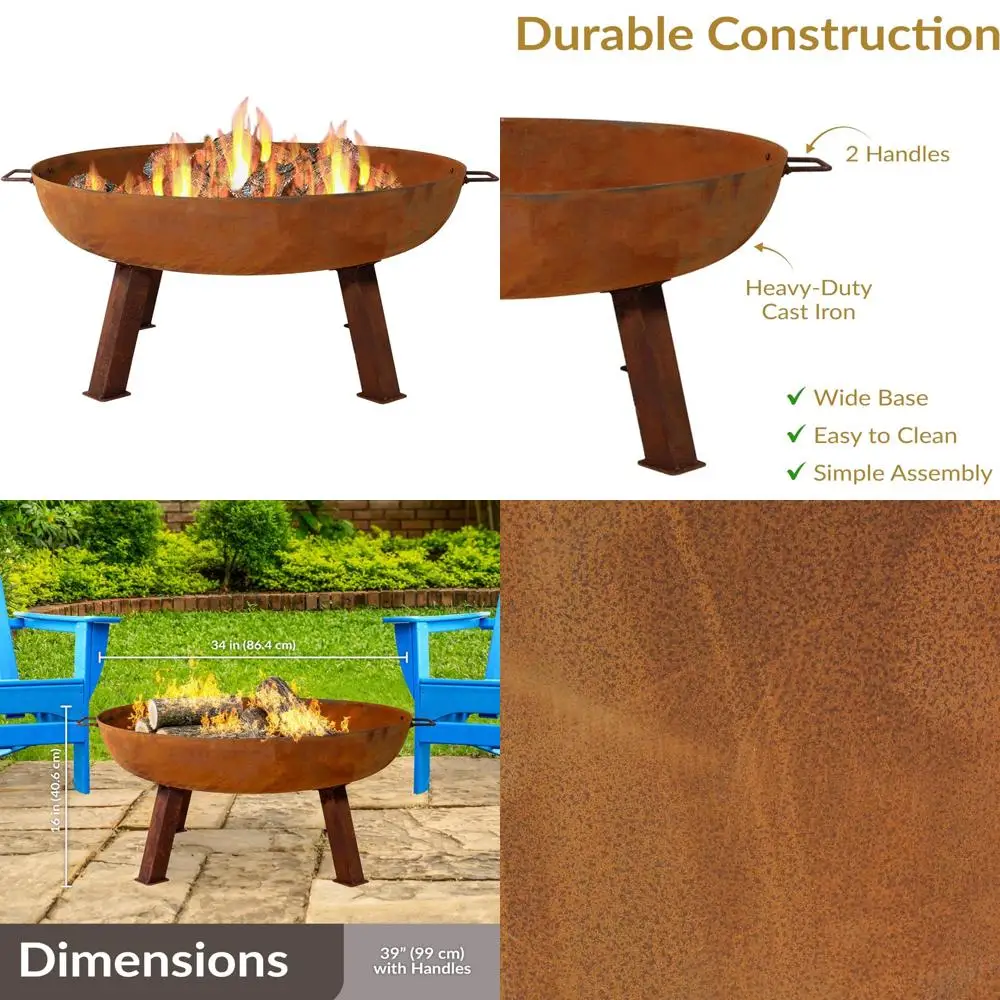 

34-Inch Cast Iron Heavy-Duty Fire Pit for Outside - Wood-Burning Outdoor Fire Pit Bowl with Handles - Oxidized Finish