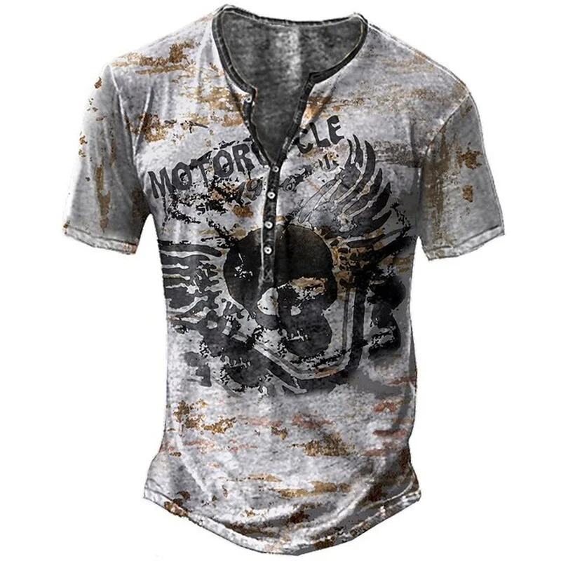 Vintage T-Shirt For Men Skull Graphic T Shirts Cotton 3D Print Henley Shirt Long Sleeve V-Neck Tees Oversized Male Clothing Tops