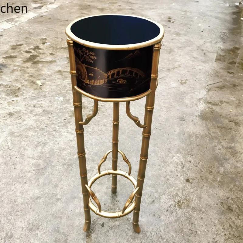 HYS Vintage Simple Light Luxury Solid Wood Gold-Plated Tall Long-Legged Flower Pot Stand Storage Rack Floor Stand