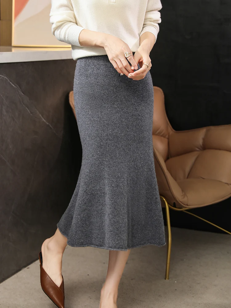 Autumn/Winter New 100% Wool Half Skirt Women\'s High Waist Knitted A-line Skirt Fashion Korean Fish Tail Skirt Bag Hip Skirt