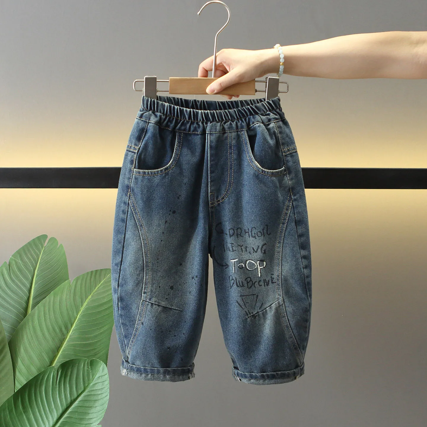 Casual Boys Jeans Classic Dark Blue Pants Ltter Printing Children Dime Pants Spring Autumn Teen Patchwork Trousers 2-11 Years