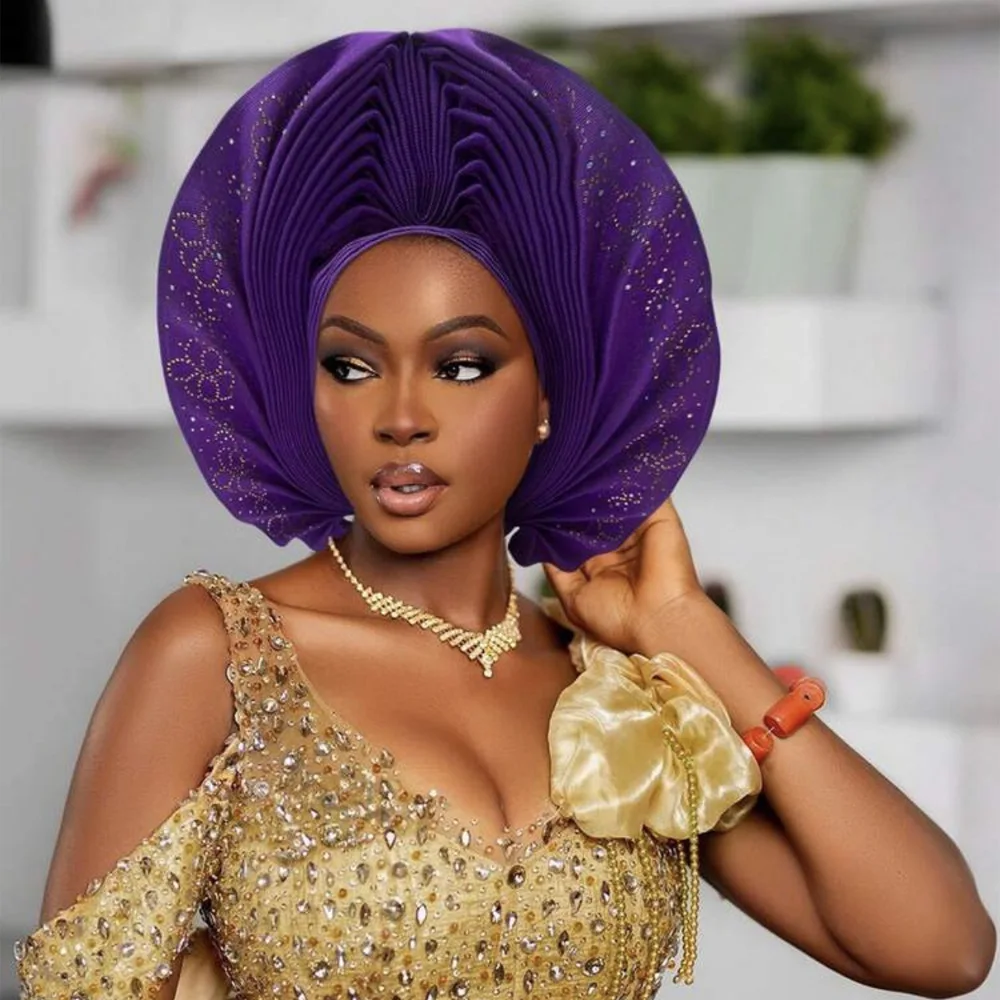 

2025 Nigeria Wedding Geles Diamonds Turban Party Headpiece Cap Hijab Fan Hat Fashion African Auto Gele Headtie Women Head Wraps
