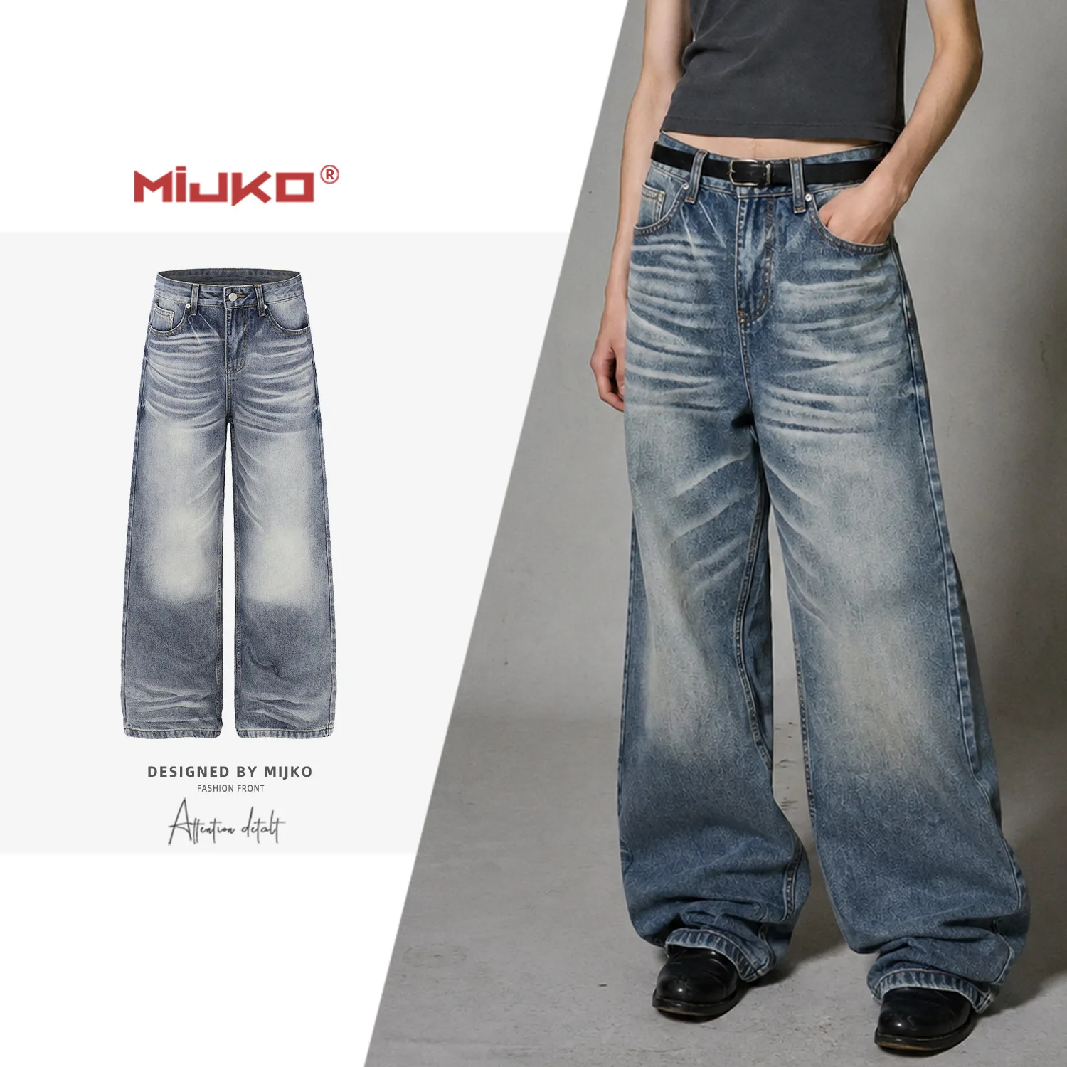 Calças Jeans Unissex Mijko de Perna Reta, Estilo Americano, Denim de Algodão Multicolorido para Homens e Mulheres