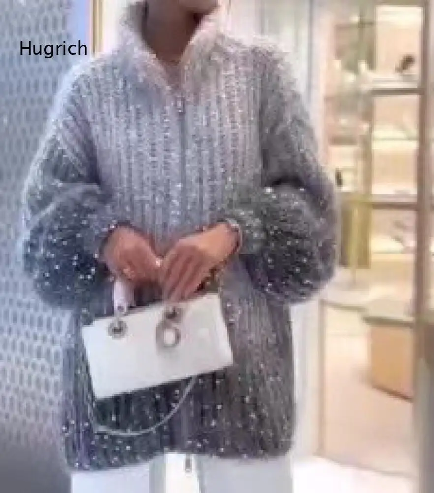 Party- und Alltagskleidung Strickjacke für Damen mit Farbverlauf-Paillettenverzierung, Reißverschluss, Stehkragen, Laternenärmeln, weicher, lockerer Schnitt, Oberbekleidung.