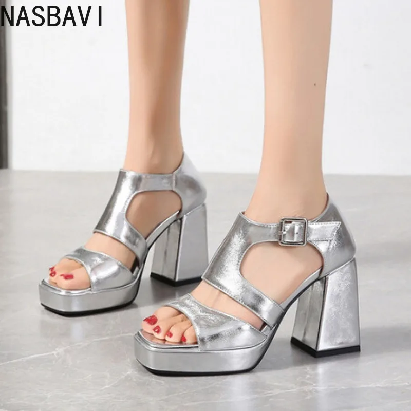 NASBAVI Sommer Gold Silber Plateauschuhe Offene spitze Knöchelriemen Chunky High Heel Gladiator Sandalen Damen Party Heels