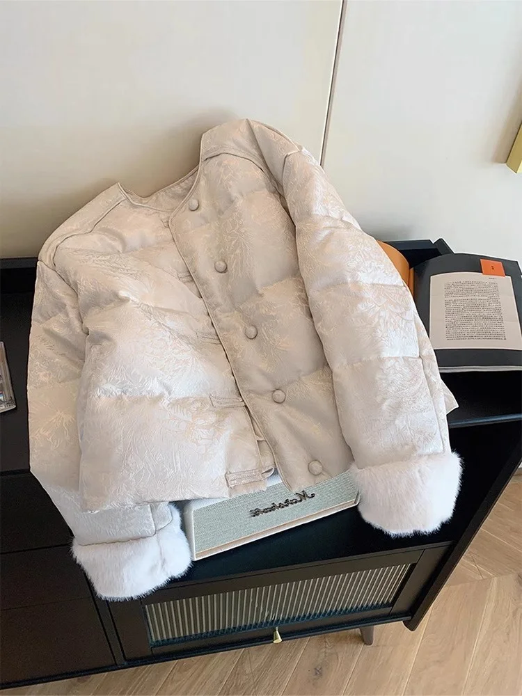 

Ele Heavy Embellied Patchwork Collar Cotton Jaet Women's Autumn Winter Warm Slimming Bread Sle Outerwear Coat