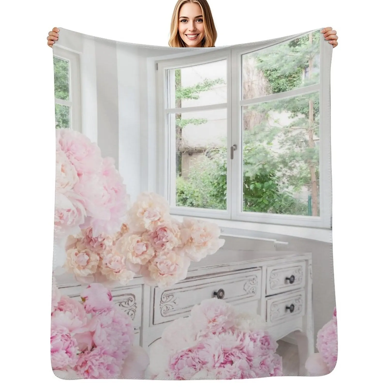 Shabby Chic Beautiful Pink Peonies Flowers Cottage Garden Wedding Decor Gift Throw Blanket Soft Big Flannel Fabric Blankets